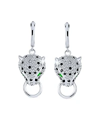 Bling Jewelry Estate Art Deco Style Animal Spotted Black White Panther Cat Green Eye Cubic Zirconia Pave Cz Lever Back Dangle Earrings Silver Plated B