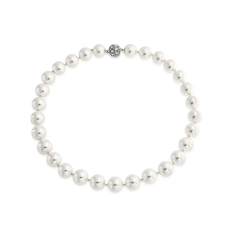 Bling Jewelry White Strand Necklace Rhodium Plated Crystal Clasp Pearl 10MM 16 Inch
