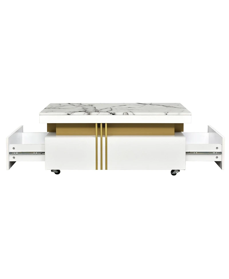 Slickblue Contemporary Coffee Table with Faux Marble Top – Rectangle Cocktail Table on Caster Wheels with Gold Metal Bars for Living Room