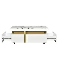 Slickblue Contemporary Coffee Table with Faux Marble Top – Rectangle Cocktail Table on Caster Wheels with Gold Metal Bars for Living Room
