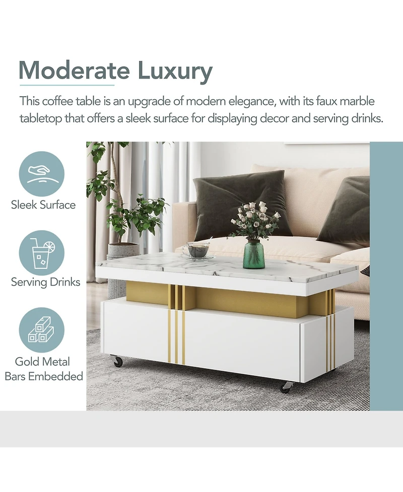 Slickblue Contemporary Coffee Table with Faux Marble Top – Rectangle Cocktail Table on Caster Wheels with Gold Metal Bars for Living Room