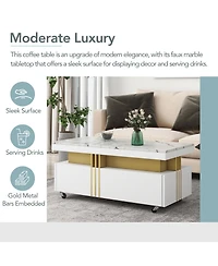Slickblue Contemporary Coffee Table with Faux Marble Top – Rectangle Cocktail Table on Caster Wheels with Gold Metal Bars for Living Room