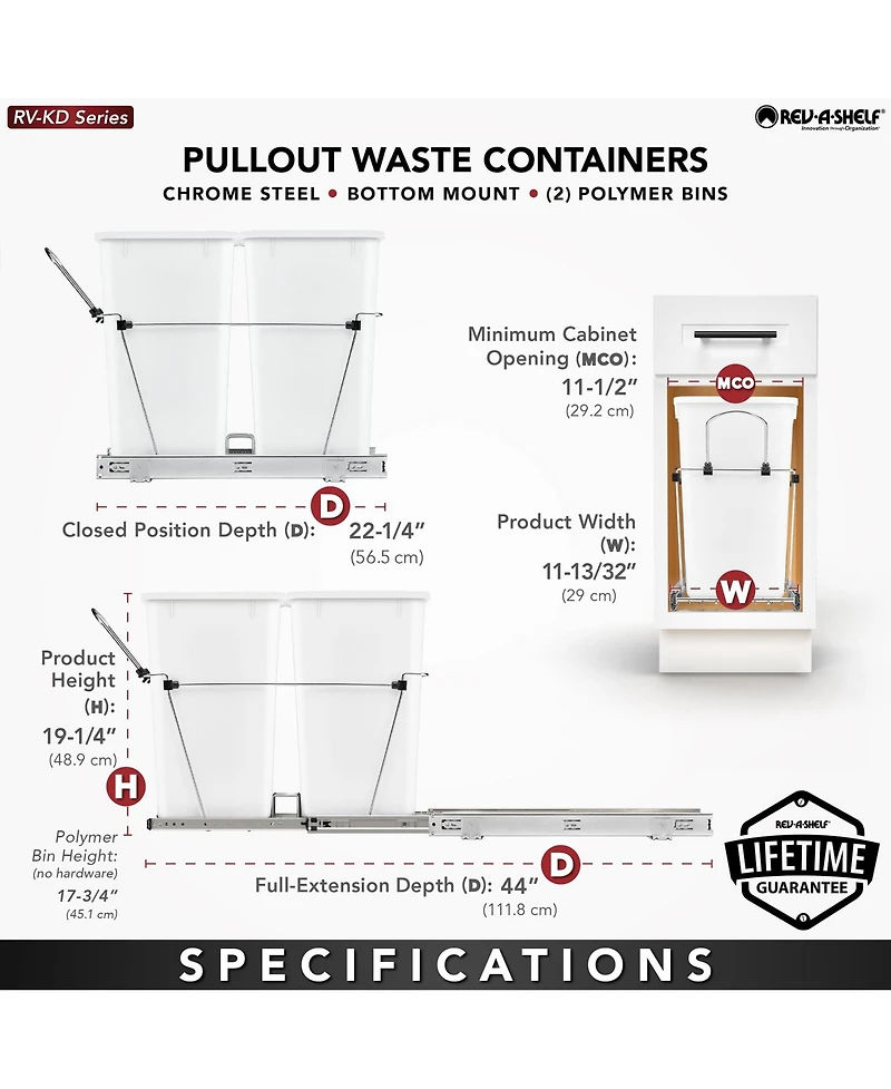 Rev-a-Shelf Double Pullout Trash Can 27 qt. for Kitchen, Silver, Rv-15KD-17C S