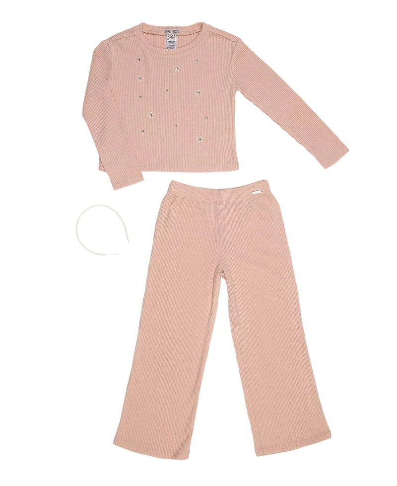 Paris Hilton Girls Embellished Daisy Ribbed Top and Wide Leg Pants 2 Piece Lounge Set and Headband