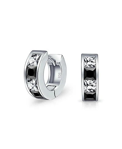 Bling Jewelry Small Square Princess Cut Black White Cz Channel Set Huggie Hoop Earrings Cubic Zirconia .925 Sterling Silver