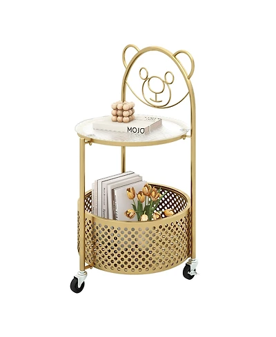Gymax 2-Tier Mobile Glass Coffee Table w/ Bear Pattern Storage Basket Transparent & Golden