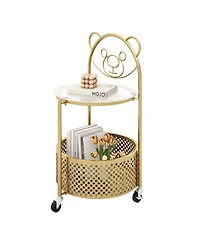 Gymax 2-Tier Mobile Glass Coffee Table w/ Bear Pattern Storage Basket Transparent & Golden