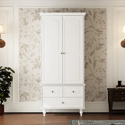 Famapy White Wood 2-Door Armoires with Hanging Rod,3-Drawers,Adjustable Shelves