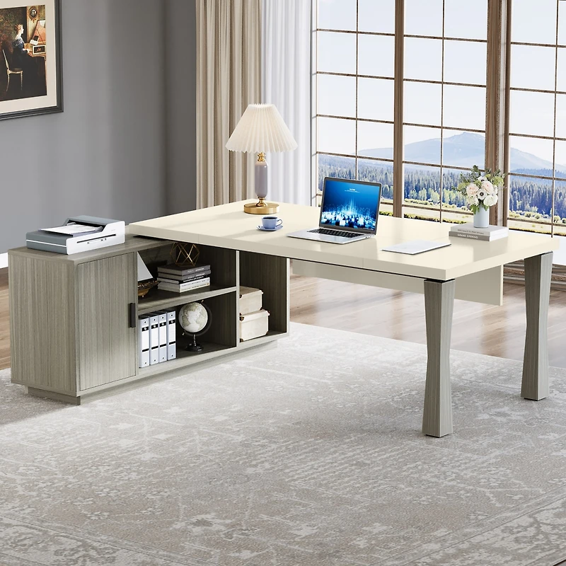 Tribesigns 71-Inch Executive Desk, L-Shaped Desk with Cabinet, Large Office Storage Shelves, Writing Table Business Furniture Set