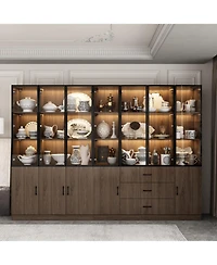 Famapy Brown Wood 23-Shelf Accent Bookcase with Glass Doors, Lights