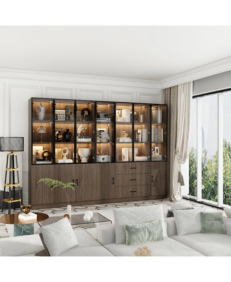 Famapy Brown Wood 23-Shelf Accent Bookcase with Glass Doors, Lights