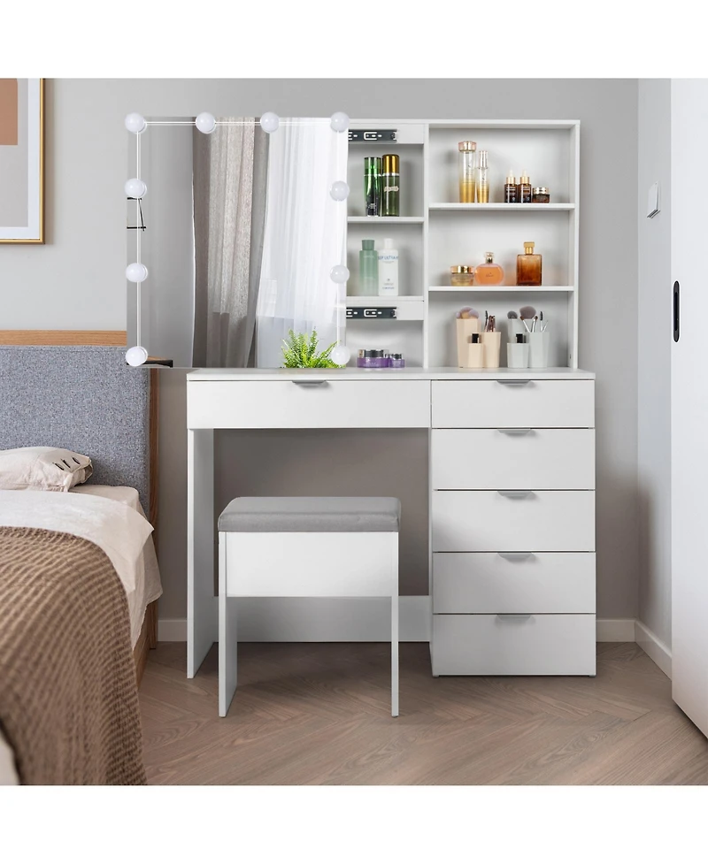 Slickblue White Dressing Table Set with 6 Pumps, 2 Shelves, Mirror Cabinet & 3-Tone Light Bulbs