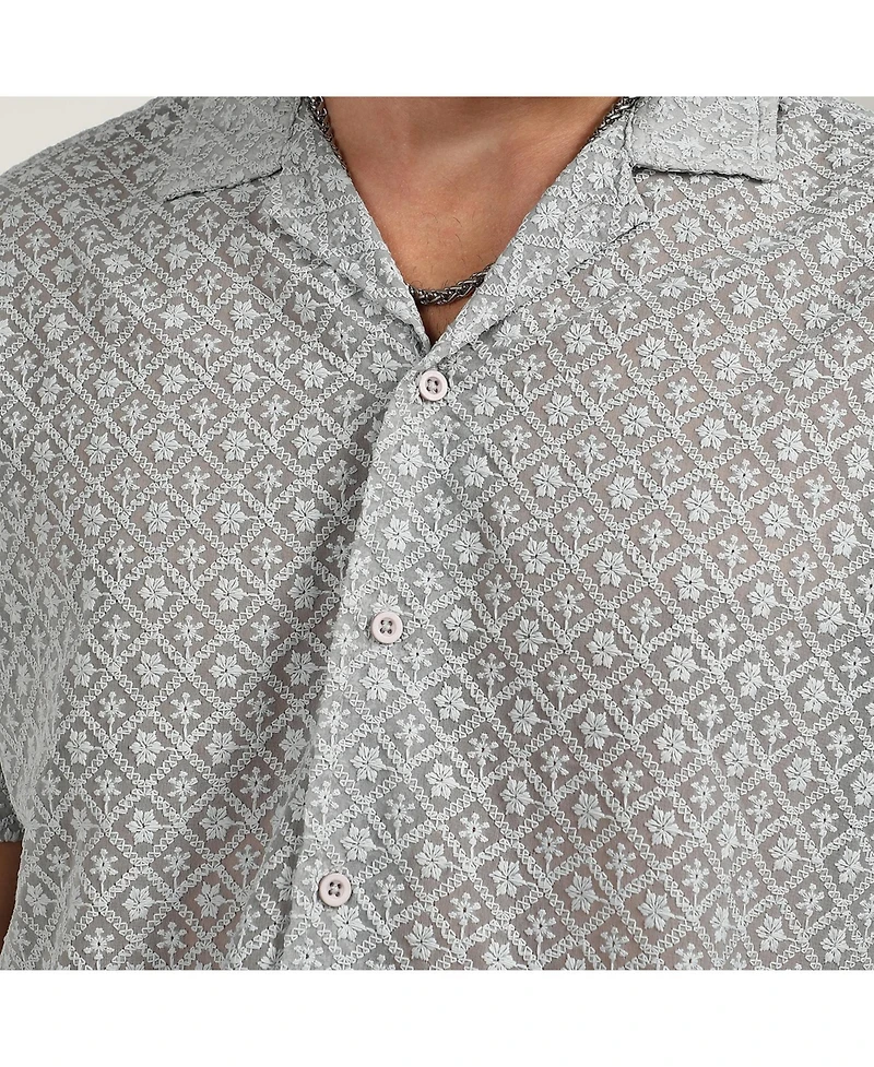 Men's Moon Grey Floral Embroidered Shirt