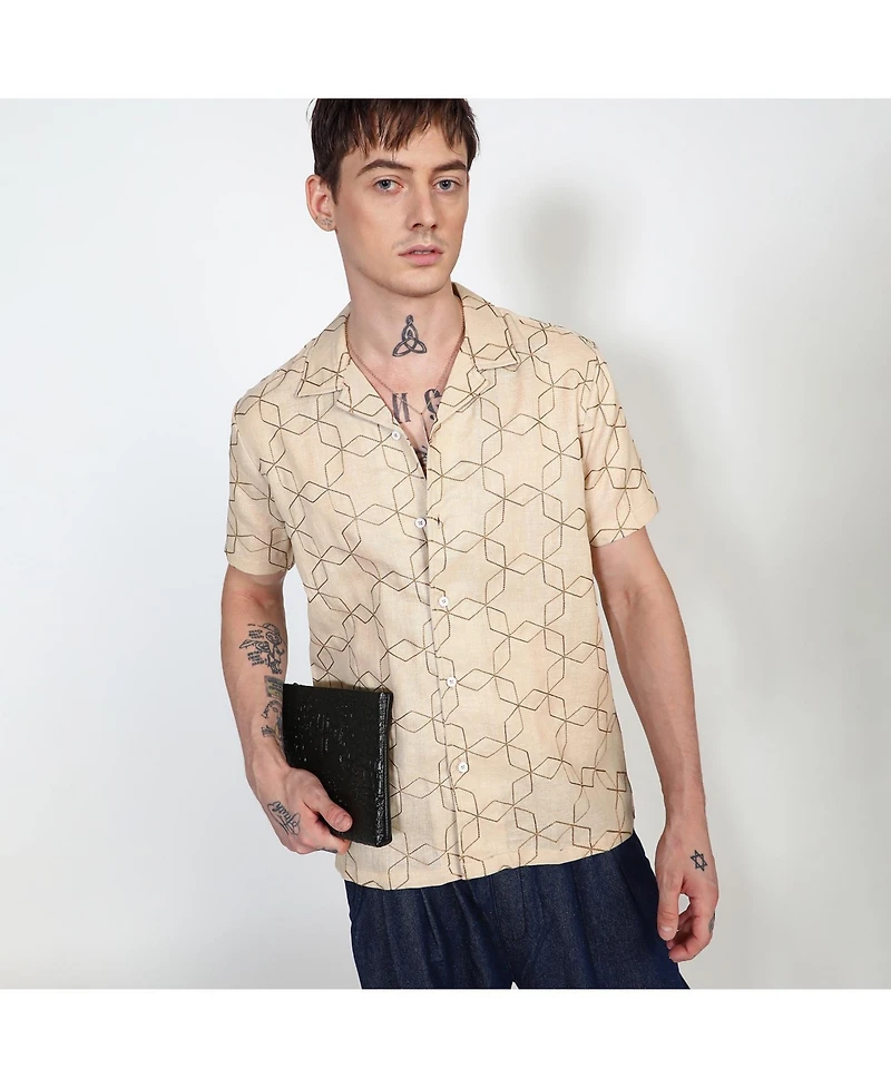 Campus Sutra Men's Beige Embroidered Geometric-Lined Shirt