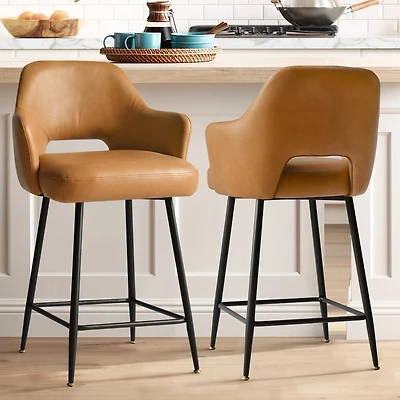 25.5" Armrest Faux Leather Counter Height Stools With Metal Legs(Set of 2)-Maison Boucle