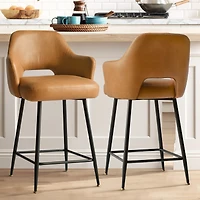 25.5" Armrest Faux Leather Counter Height Stools With Metal Legs(Set of 2)-Maison Boucle