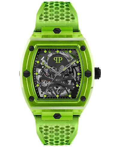 Philipp Plein Men's Automatic Skeleton Green Tpu Strap Watch 44x56mm