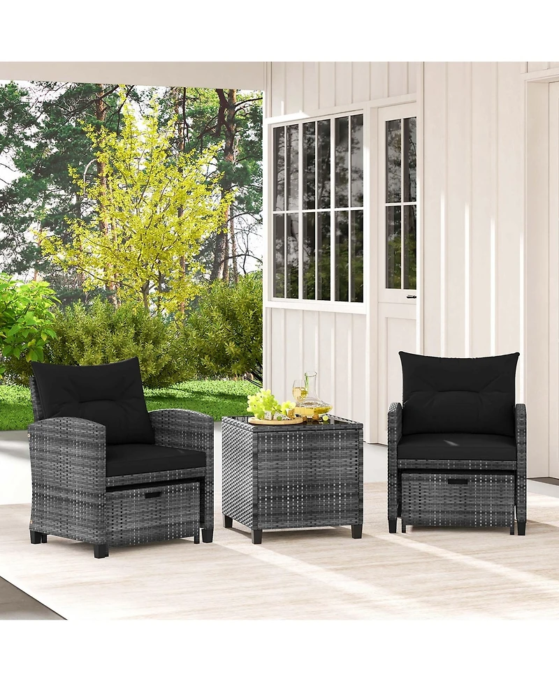 5 Piece Patio Rattan Furniture with 2 Ottomans & Tempered Glass Coffee Table