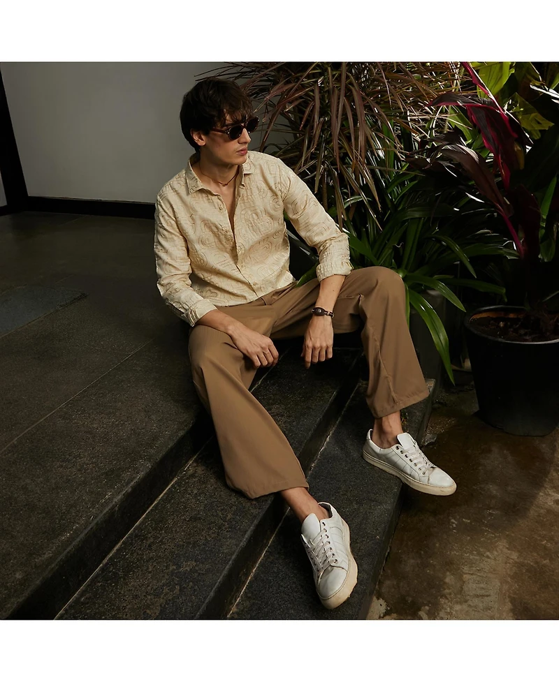 Men's Khaki Beige Curve-Lined Shirt