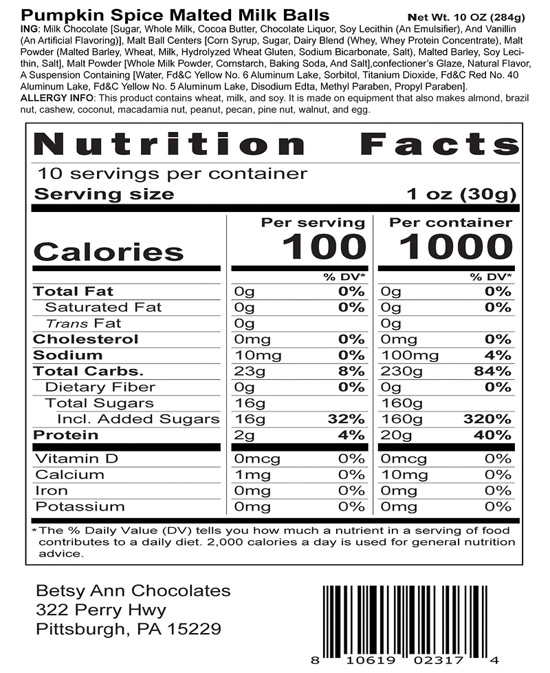 Betsy Ann Chocolates Harvest Milk Chocolate Foil Leaves Pumpkin Spice Malted Milk Balls, 2 Piece Set