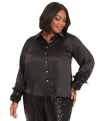 Muse Plus Collared Feather-Trim-Sleeve Satin Shirt