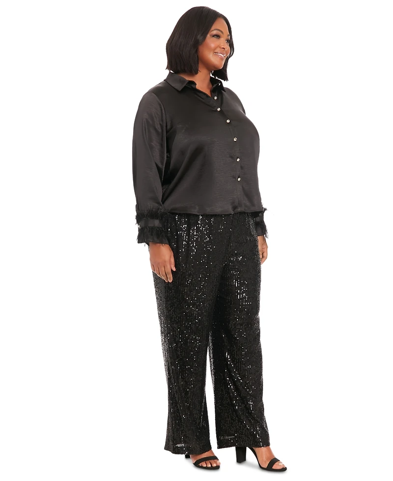 Muse Plus Collared Feather-Trim-Sleeve Satin Shirt