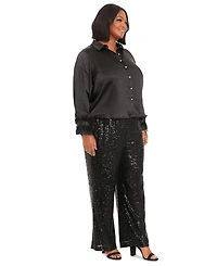 Muse Plus Collared Feather-Trim-Sleeve Satin Shirt