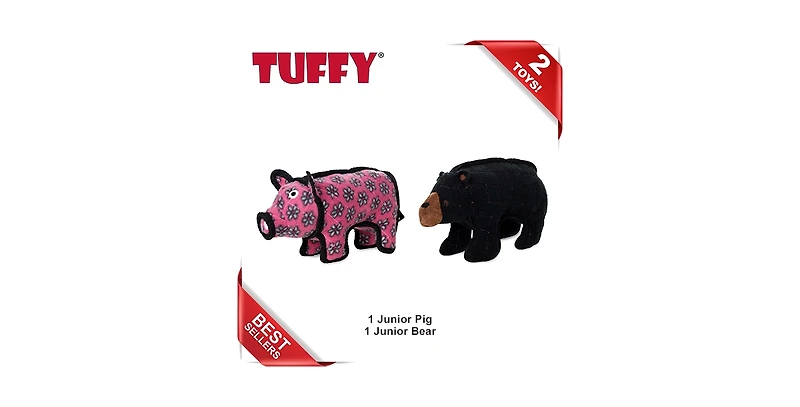 Tuffy World's Tuffest Soft Dog Toy- Zoo Jr Bear & Jr Pig- Combo Pack, Durable Dog Toys