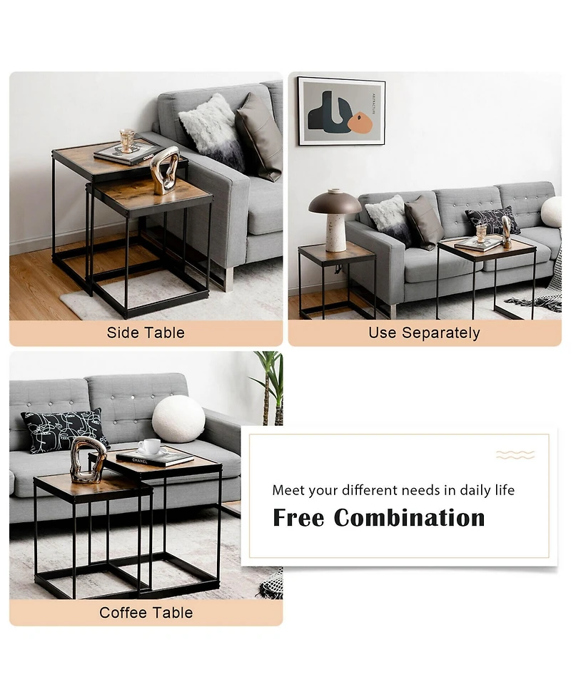 Gymax Coffee Tables Nesting Side Set of 2 for Living Room Modern W/ Sturdy Steel Frame