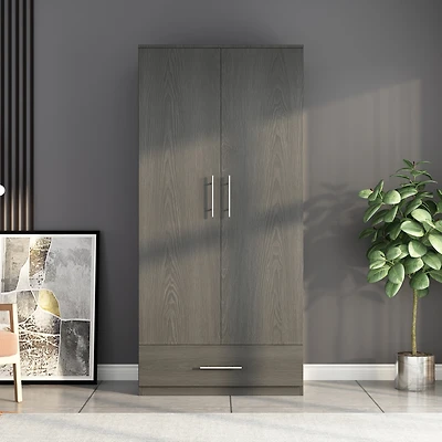 Famapy White 2-Door Wardrobe Armoire with 1-Drawers and Hanging Rod