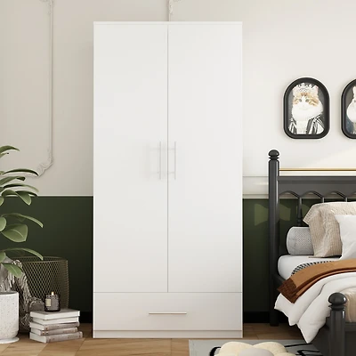 Famapy White 2-Door Wardrobe Armoire with 1-Drawers and Hanging Rod