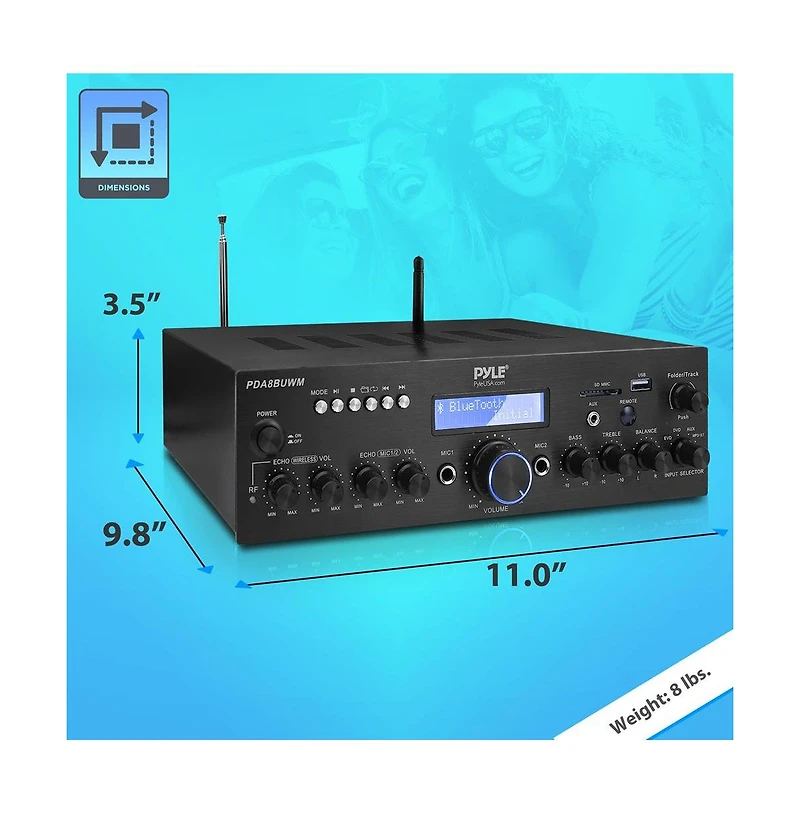 Pyle Bluetooth Stereo Amplifier Receiver With Uhf Wireless Microphone, MP3/Usb/Sd/Aux/Fm Radio, 200 Watt