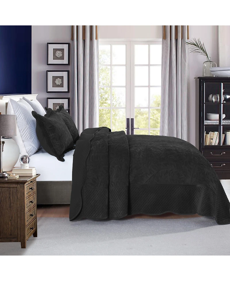 MarCielo 3 Pc Luxury Velvet Oversized Embroidery Soft and Plush Quilt Set Queen