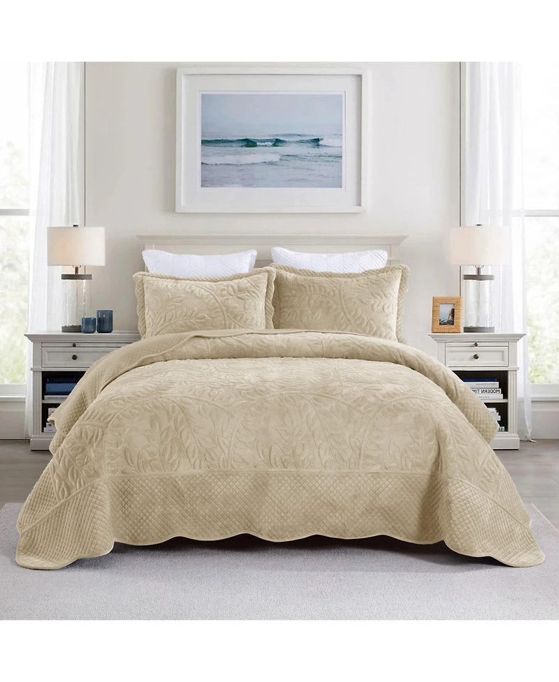 MarCielo 3 Pc Luxury Velvet Oversized Embroidery Soft and Plush Quilt Set King