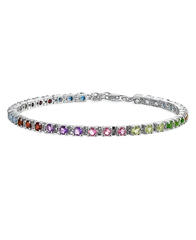 Bling Jewelry Natural Multicolor Citrine, Peridot, Garnet, Aquamarine, & Amethyst Heart Shape Tennis Bracelet .925 Sterling Silver 7 Inch