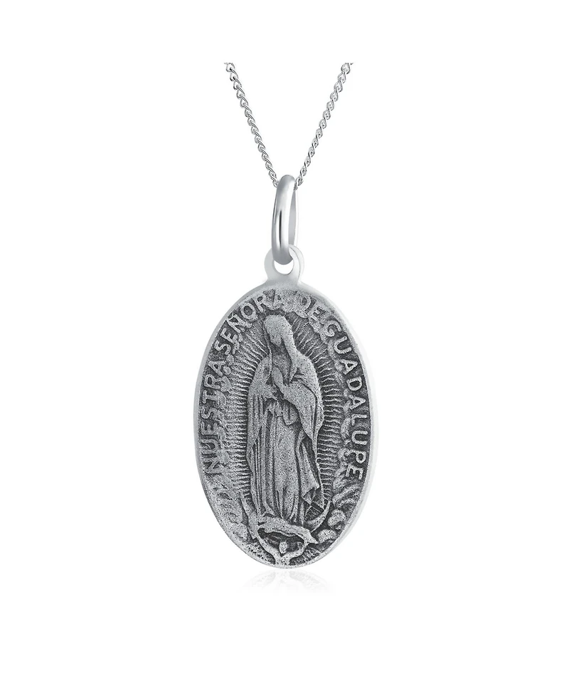 Bling Jewelry Religion Our Lady Of Guadalupe Oval Virgin Mary Medal Medallion Pendant Necklace Oxidized .925 Sterling Silver