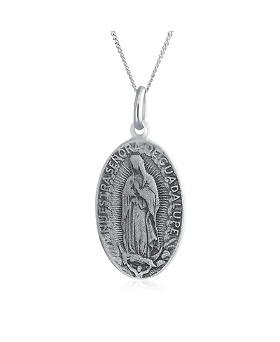 Bling Jewelry Religion Our Lady Of Guadalupe Oval Virgin Mary Medal Medallion Pendant Necklace Oxidized .925 Sterling Silver