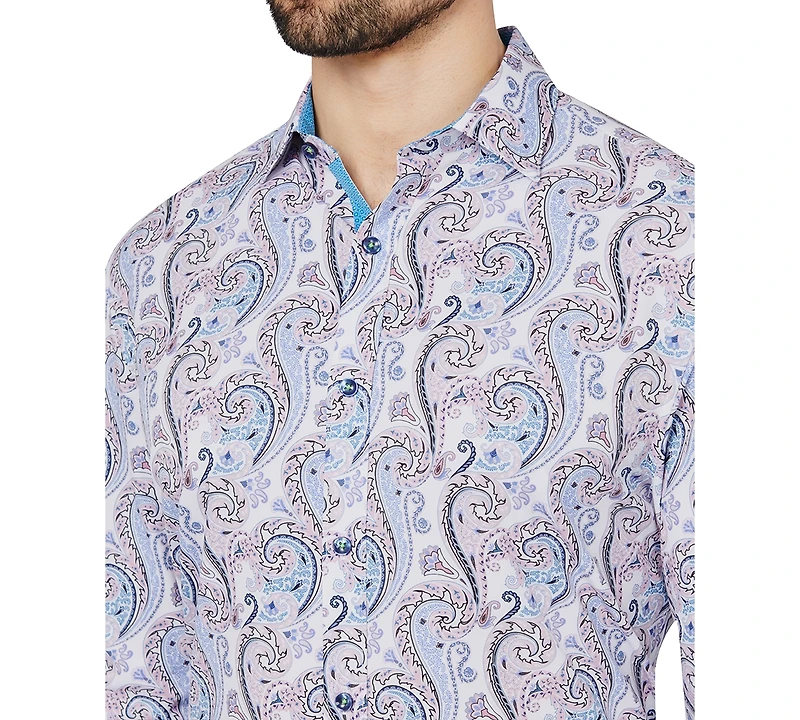 Men's Slim Fit Non-Iron Paisley-Print Performance Stretch Dress Shirt