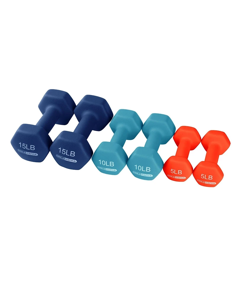 HolaHatha 5, 10, and 15 Pound Neoprene Dumbbell Weight Set with Storage Rack