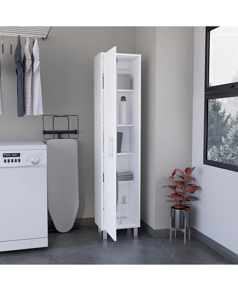 Dryden Tall Narrow Storage Cabinet with 5-Tier Shelf and Broom Hangers, White
