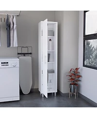 Dryden Tall Narrow Storage Cabinet with 5-Tier Shelf and Broom Hangers, White