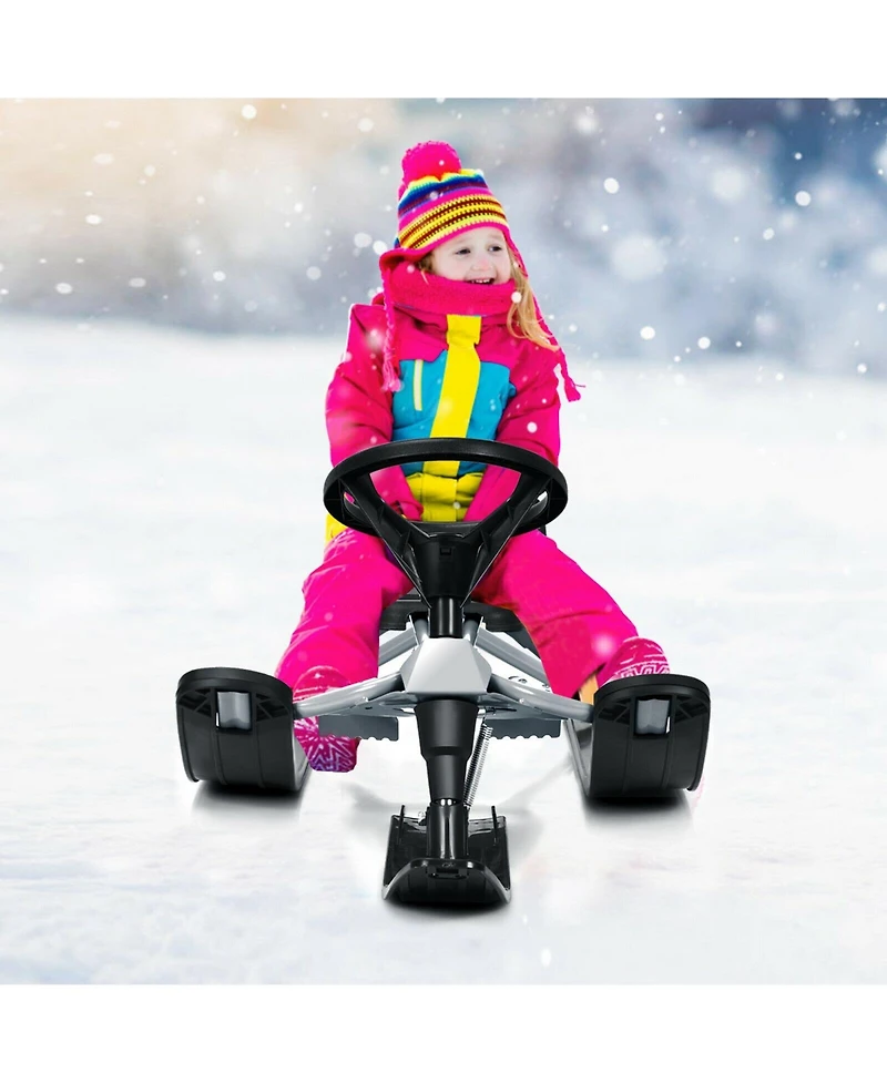 Sugift Kids Snow Sled with Steering Wheel and Double Brakes-Black