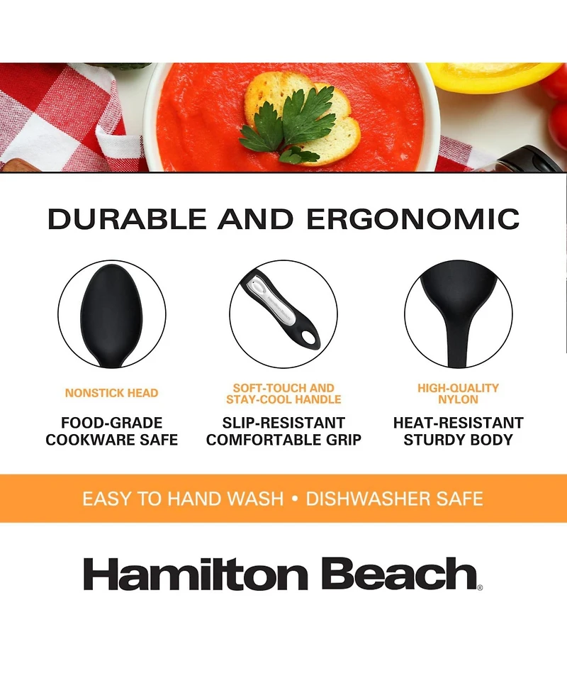 Hamilton Beach Cooking Solid Spoon Nylon, Non-Stick Cookware, Comfortable Soft & Durable Plastic Handle, Seamless, Rustproof, Plastic Serving Spoons,