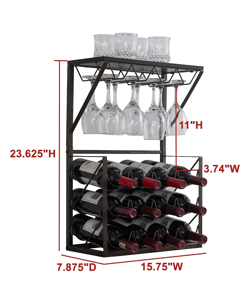 Kings Brand Furniture - 12 Bottles Countertop Wine Rack Stand with Glass Holder, Wine Storage Cabinet Shelf, Pewter/Marble