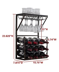 Kings Brand Furniture - 12 Bottles Countertop Wine Rack Stand with Glass Holder, Wine Storage Cabinet Shelf, Pewter/Marble