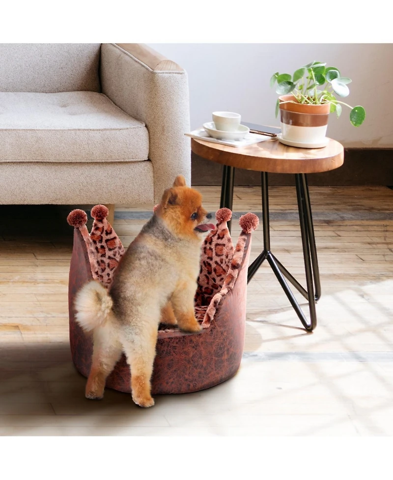 Dream Black Label Leopard Print Crown Dog Bed - Washable Round Cat Bed, Elegant Royal Design Indoor Cuddler Pet Beds for Puppy and Kitten