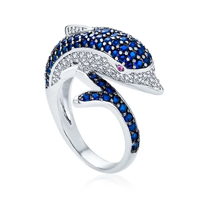Bling Jewelry Pave Navy Blue Cubic Zirconia Bypass Dolphin Band Ring Black Silver Plated Brass