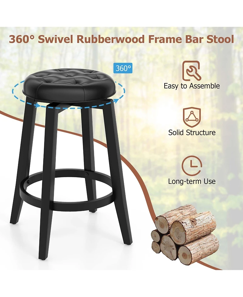 26" Swivel Bar Stool Set of 2 Upholstered Counter Height Rubber Wood Frame