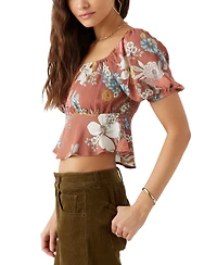 O'Neill Juniors' Autumn Floral-Print Cropped Puffed-Sleeve Top