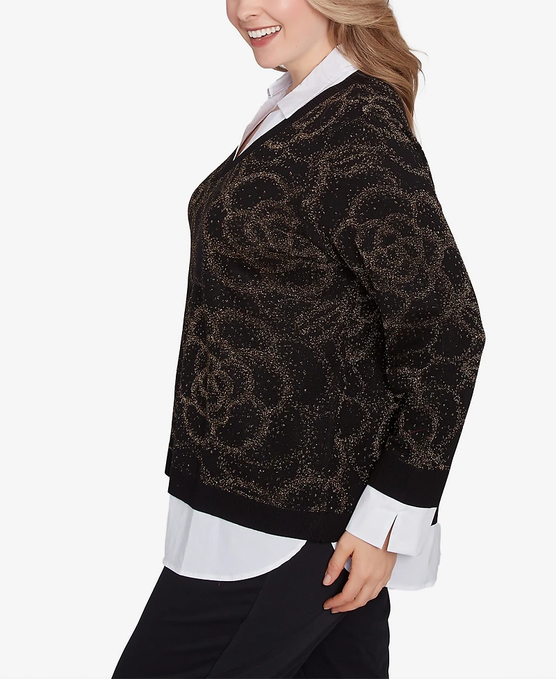 Ruby Rd. Plus Size Metallic Floral Layered Shirt Collar Sweater